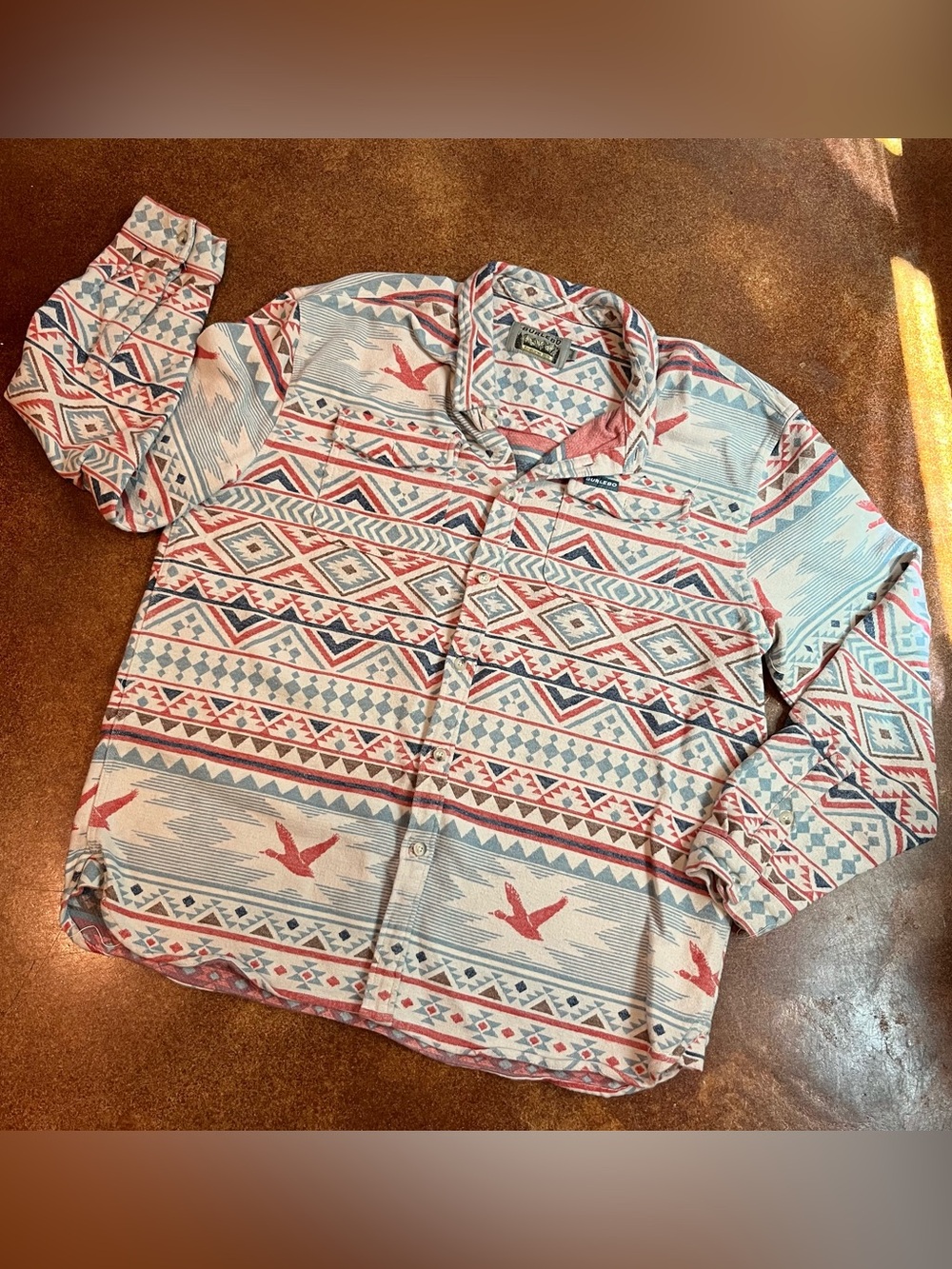 Burlebo Patterned Button-Up Shirt Jacket in Light Blue and Red Sz XL